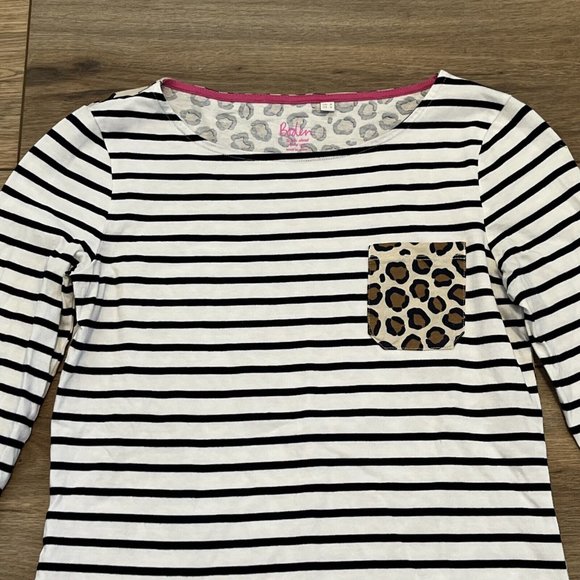 Women's Boden Benton Pocket T Shirt SZ 4 Striped Leopard Print Cotton L/S - Picture 2 of 10